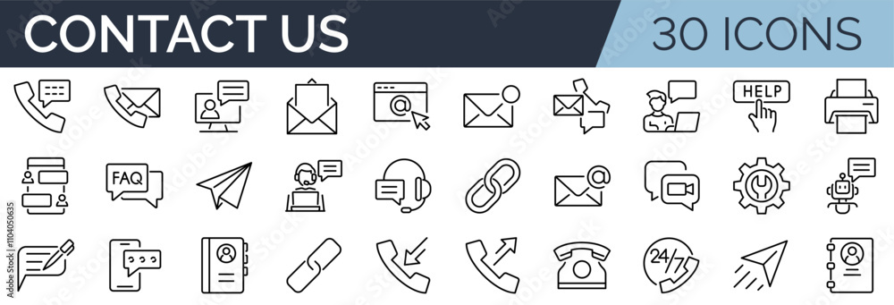 Set of 30 outline icons related to contact us. First set. Linear icon ...