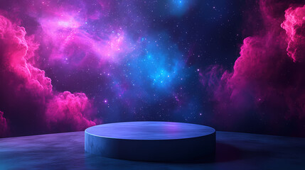 Wall Mural - A round podium on the floor of an empty room, cosmic background with galaxies and nebulae, purple blue pink colors, futuristic scene. cosmic. illustration. Cosmic. Illustration