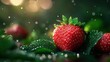 © Chanwit - Close-up of a fresh strawberry with dewdrops on a lush green background. The vibrant red fruit is beautifully captured in natural light.