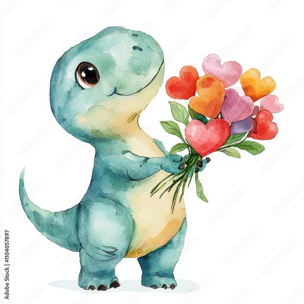 Watercolor illustration clipart of a cute T-Rex holding a bouquet of ...