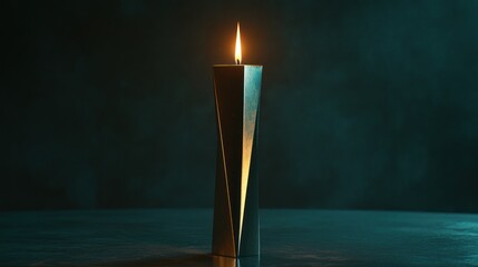 Wall Mural - Lit geometric candle on dark surface.