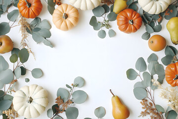 Canvas Print - Autumn floral frame, web banner. Garland of berry eucalyptus leaves, branches, pear fruit, orange and white pumpkins isolated on white table background. Fall, Thanksgiving design. Flat lay, top view.
