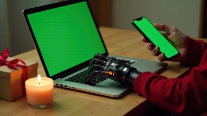 Wall Mural - close-up of a hand in a red sweater, one hand holding a phone with green screen, bionic prosthetic hand on a laptop keyboard, online shopping in Christmas, Valentine's concept, soft focus