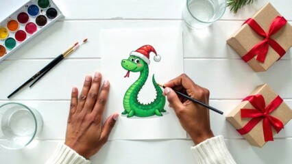 Wall Mural - close-up of black hands in a white sweater painting a watercolor drawing of a green snake in a red Christmas hat on a white wooden background with a brush, a watercolor box, gift boxes in craft paper