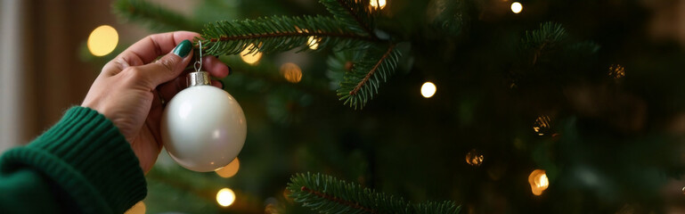 Wall Mural - Close-up banner hands of a dark-skinned woman in a red sweater holding a white small Christmas ball hanging on a Christmas tree, Christmas tree branches and Christmas toys blurred background