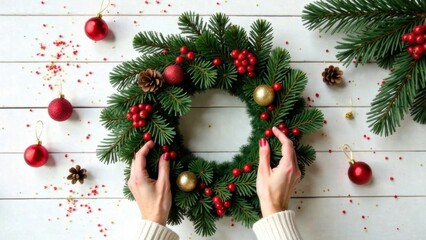 Wall Mural - Top down view hands in a white sweater making a Christmas wreath from Christmas tree branches, pine cones, red and gold Christmas toys on a white wooden background, Christmas toys nearby