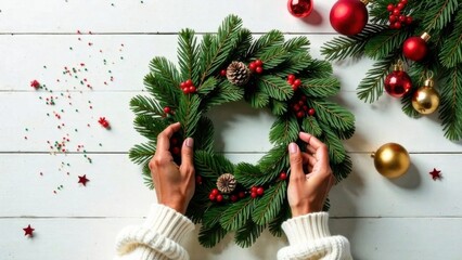 Wall Mural - Top down view dark- skinned hands in a white sweater making a Christmas wreath from Christmas tree branches, pine cones, red and gold Christmas toys on a white wooden background, Christmas toys nearby