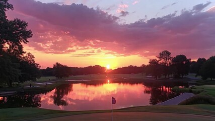 Poster - This sun sets behind the trees, casting colorful reflections on the calm lake at twilight. Golf course