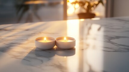 Wall Mural - Two lit candles on marble table in sunlight.