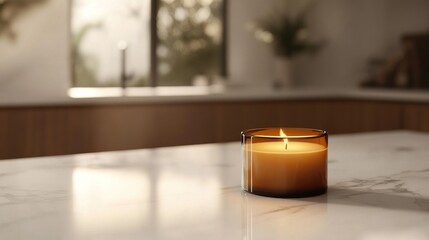 Wall Mural - Lit candle on marble countertop in modern kitchen.