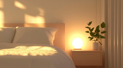 Wall Mural - Warm evening light illuminates a cozy bedroom with a plant on a bedside table.