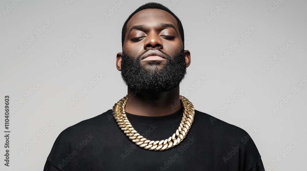 Portrait of a man with a full beard wearing a thick gold chain necklace ...