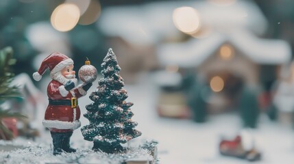 Wall Mural - A festive scene featuring a Santa Claus figurine decorating a Christmas tree, surrounded by a snowy landscape and warm holiday lights.