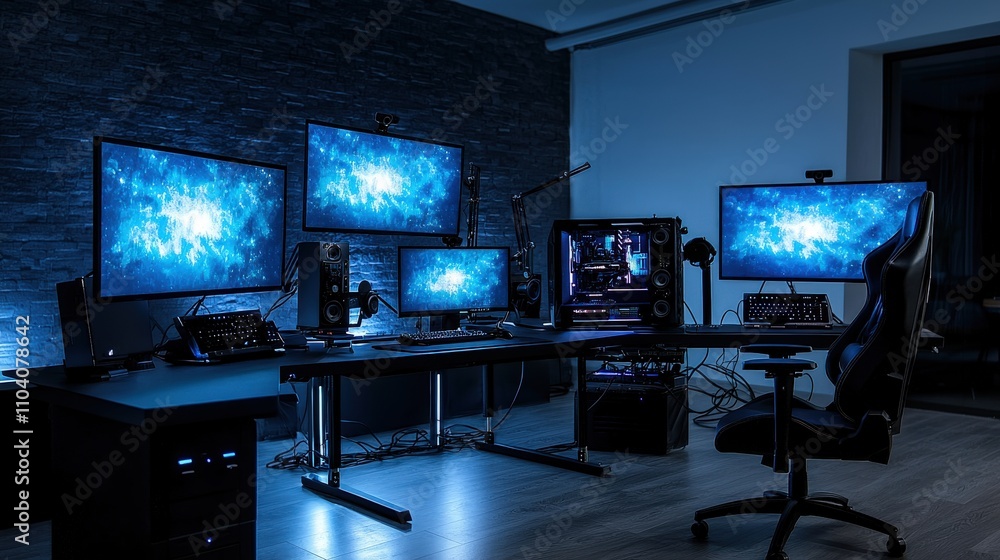 Futuristic gaming studio with glowing monitors modern home interior ...