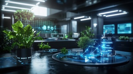 Poster - Futuristic corporate office high-tech workspace digital innovations urban environment aesthetic design modern concepts