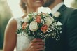 © c80 - A joyful wedding couple embrace, showcasing a stunning flower bouquet filled with diverse blooms, representing the beauty and diversity of love and commitment.