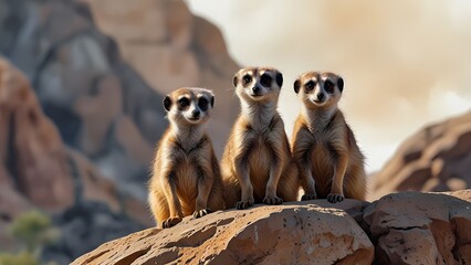 Group of meerkats standing on a rocky outcrop.