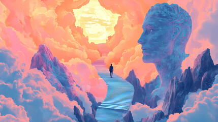 Wall Mural - Captivating image of man ascending endless ethereal stairs to sky and paradise, surrounded by otherworldly landscape. emotionally stirring & unique visual. generative ai. Otherworldly. Illustration