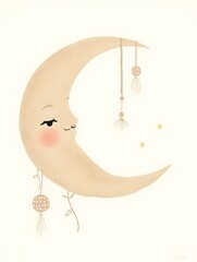 Wall Mural - Watercolor beige boho moon, nursery dreams illustration for cards