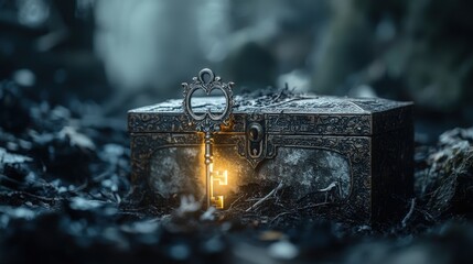 Wall Mural - Unlocking secrets key to ancient chest in enchanted forest fantasy art mystical ambience close-up view adventure