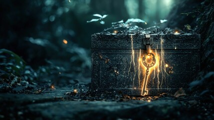 Wall Mural - Unlocking ancient secrets glowing key enchanted forest fantasy art mystical atmosphere close-up imagination unleashed