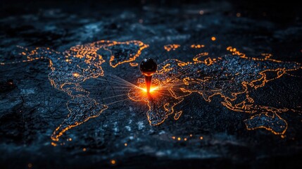Aufkleber - Glowing push pin illuminates world map global connections digital art dark theme aerial view impactful visualization
