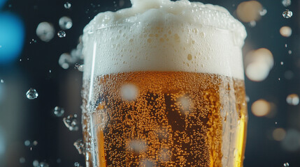 Wall Mural - Glass of beer with foam on top. The foam is white and the beer is brown. The glass is half full