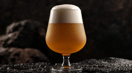 Wall Mural - Glass of beer with foam on top. The foam is white and the beer is brown. The glass is half full