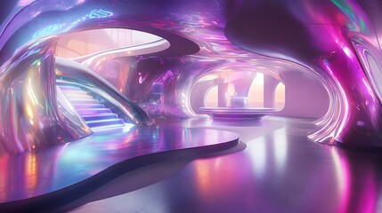 iridescent podium design with shimmering surfaces and futuristic lighting