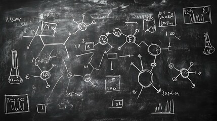 Wall Mural - Scientific blackboard with various chemical symbols, formulas, and atomic structures drawn in chalk