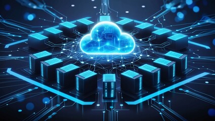 Abstract Motion of digital data flow. Digital informational technology web futuristic hologram with cloud icon, blue golden light digits and code background, cloud computing