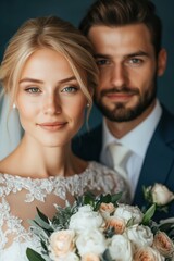 A bride and groom pose closely, capturing the essence of their wedding day joy. The bride holds a beautiful bouquet of roses. It's a moment of love and togetherness.