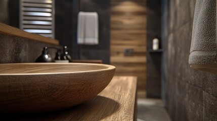 Poster - A simple wooden bowl sitting on top of a wooden counter, perfect for rustic or country-themed settings