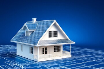Aufkleber - A clean and simple blueprint design of a house floor plan, displayed with thin white lines on a deep blue background