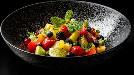  a black bowl filled with a colorful fruit salad on top of a table The salad is composed of various fruits and leaves, creating a vibrant and appetizing display