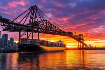 a massive industrial bridge with cargo ships passing beneath it, framed by cranes and city lights