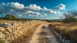 © WINGGOD - A rugged stone wall beside a calm countryside path on a sunny day