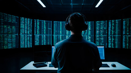 programmer from rear view with coding on screen programmer day