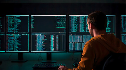 programmer from rear view with coding on screen programmer day