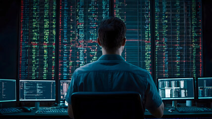 programmer from rear view with coding on screen programmer day