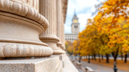  a row of stone pillars in front of a building with a clock tower in the background On the right side of the image, there are trees with yellow leaves, and on the l