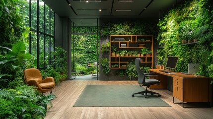 Wall Mural - a modern office seamlessly blends nature and workspaces, featuring lush green walls and large window