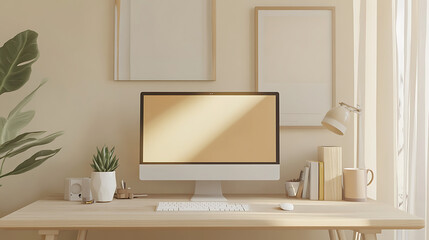 Minimalist home office desk with a computer, keyboard, mouse, lamp, plant, and books.