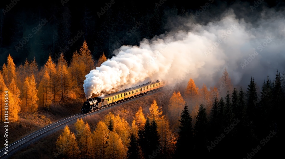a train traveling through a forest filled with trees, with smoke ...