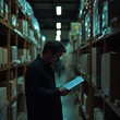 © Oksana - Worker analyzing paperwork in dim warehouse light