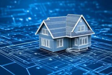 Aufkleber - A clean and simple blueprint design of a house floor plan, displayed with thin white lines on a deep blue background