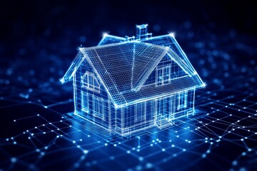Aufkleber - A clean and simple blueprint design of a house floor plan, displayed with thin white lines on a deep blue background