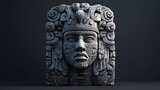 Intricately detailed stone sculpture of an ancient face with symbolic carvings and a headdress, reflecting mesoamerican art style. Symbolic. Illustration