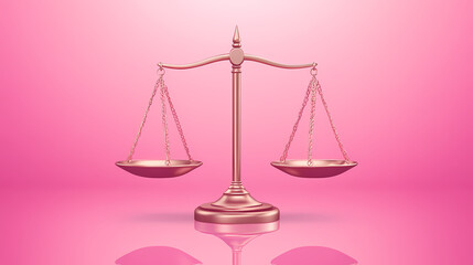 Wall Mural - Minimalist bronze balance scale on a pink background with smooth gradients, representing justice and equilibrium in a legal or symbolic context. Symbolic. Illustration