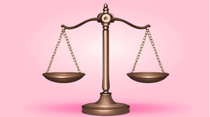 Wall Mural - Minimalist bronze balance scale on a pink background with smooth gradients, representing justice and equilibrium in a legal or symbolic context. Symbolic. Illustration